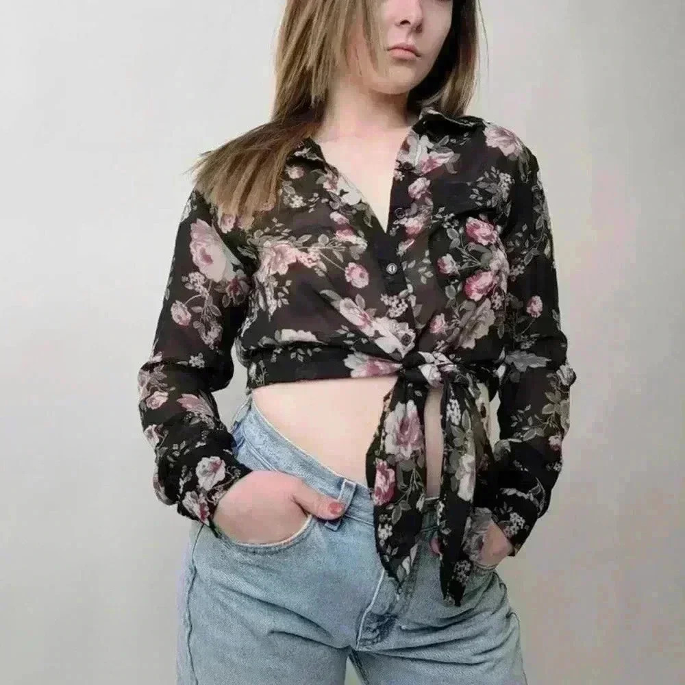 Pastel Black & Pink Floral Mesh Tie Front Coverup Blouse - S